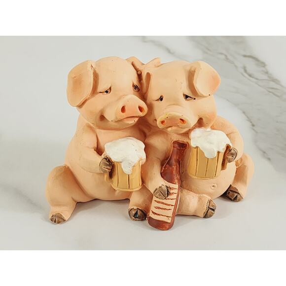 Pigs Drinking Buddies Mini Piglet Piggy Figurine 3 1/2" Resin 90s Home Decor Vtg - Picture 1 of 14